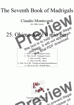 page one of Brass Sextet - Monteverdi Madrigals Book 7 - 25. Ohimè  dov'è il mio ben