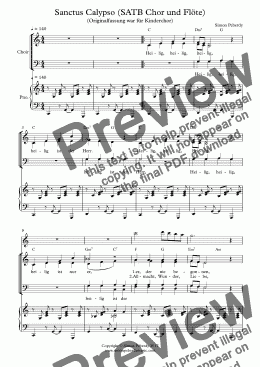page one of Sanctus Calypso in German (SATB Chor und Flöte)
