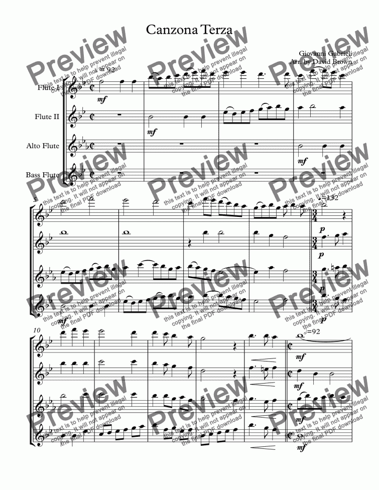 page one of Canzona Terza for Flute Quartet