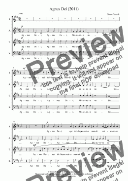 page one of Agnus Dei 2011 (in Latin) for SATB choir by Simon Peberdy