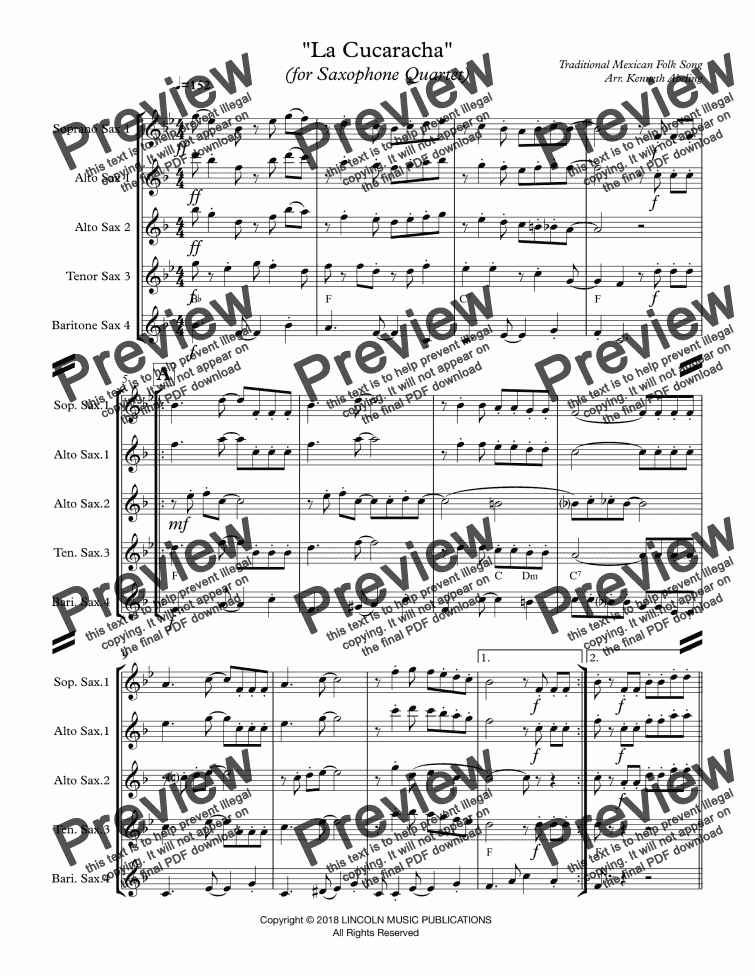page one of La Cucaracha (for Saxophone Quartet SATB or AATB)