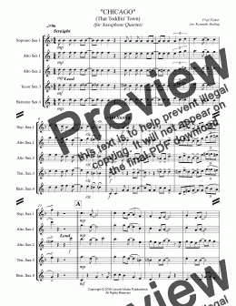 page one of CHICAGO (That Toddlin' Town) (for Saxophone Quartet SATB or AATB)