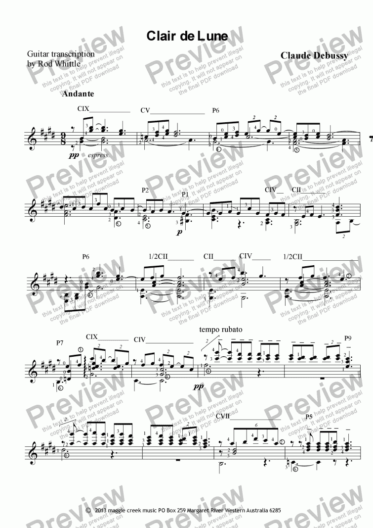 Clair De Lune For Solo Classical Guitar 3 Pp Download Pdf File