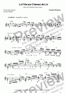 page one of La Fille Aux Cheveux De Lin   (for solo classical guitar)  2 pp