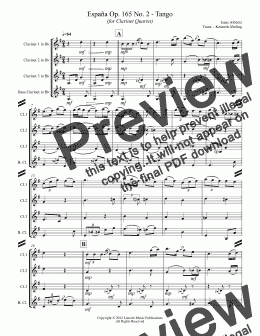 page one of Albeniz - Espana Op.165 No. 2 Tango  (for Clarinet Quartet)