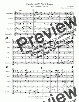 page one of Albeniz - Espana Op.165 No. 2 Tango  (for Saxophone Quartet SATB or AATB)