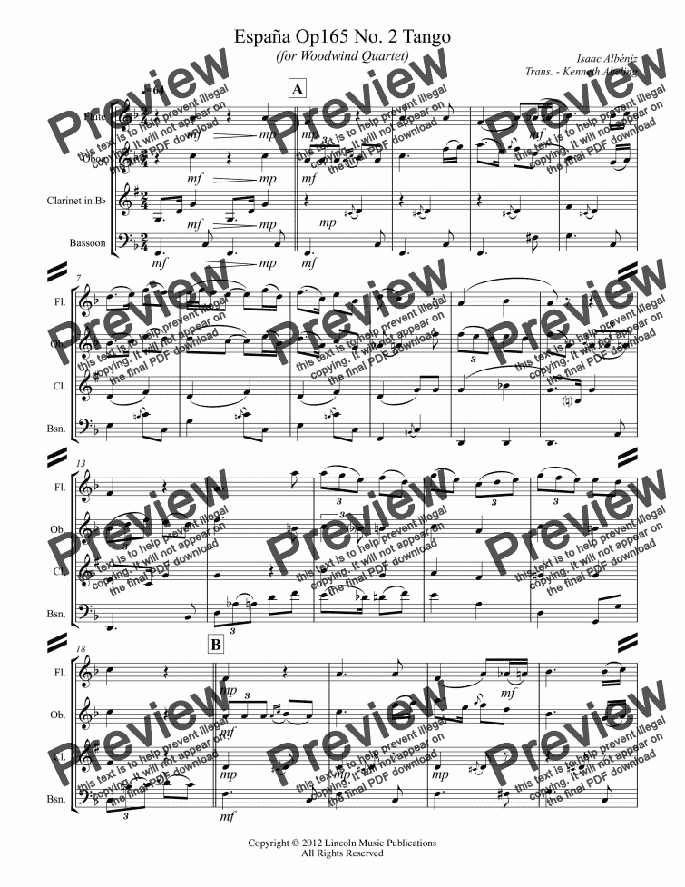 page one of Albeniz - Espana Op.165 No. 2 Tango  (for Woodwind Quartet)