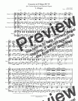 page one of Vivaldi - Concerto in D Major RV 93 (for Clarinet Quartet & Optional Organ)