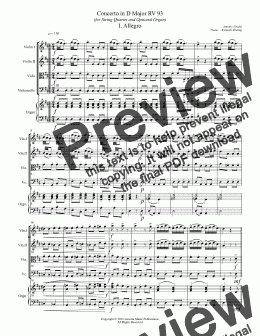 page one of Vivaldi - Concerto in D Major RV 93 (for String Quartet & Optional Organ)