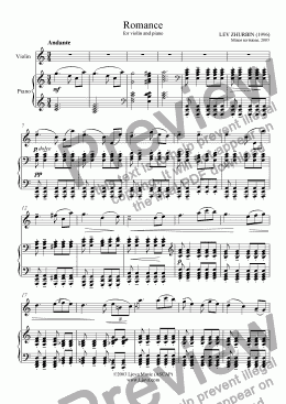 page one of "Romance" for violin and piano