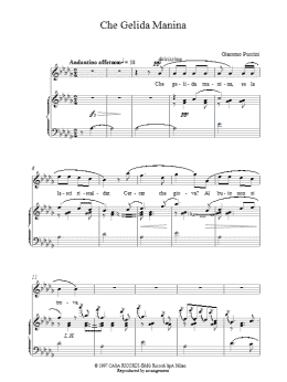 page one of Che Gelida Manina (Piano, Vocal & Guitar Chords)