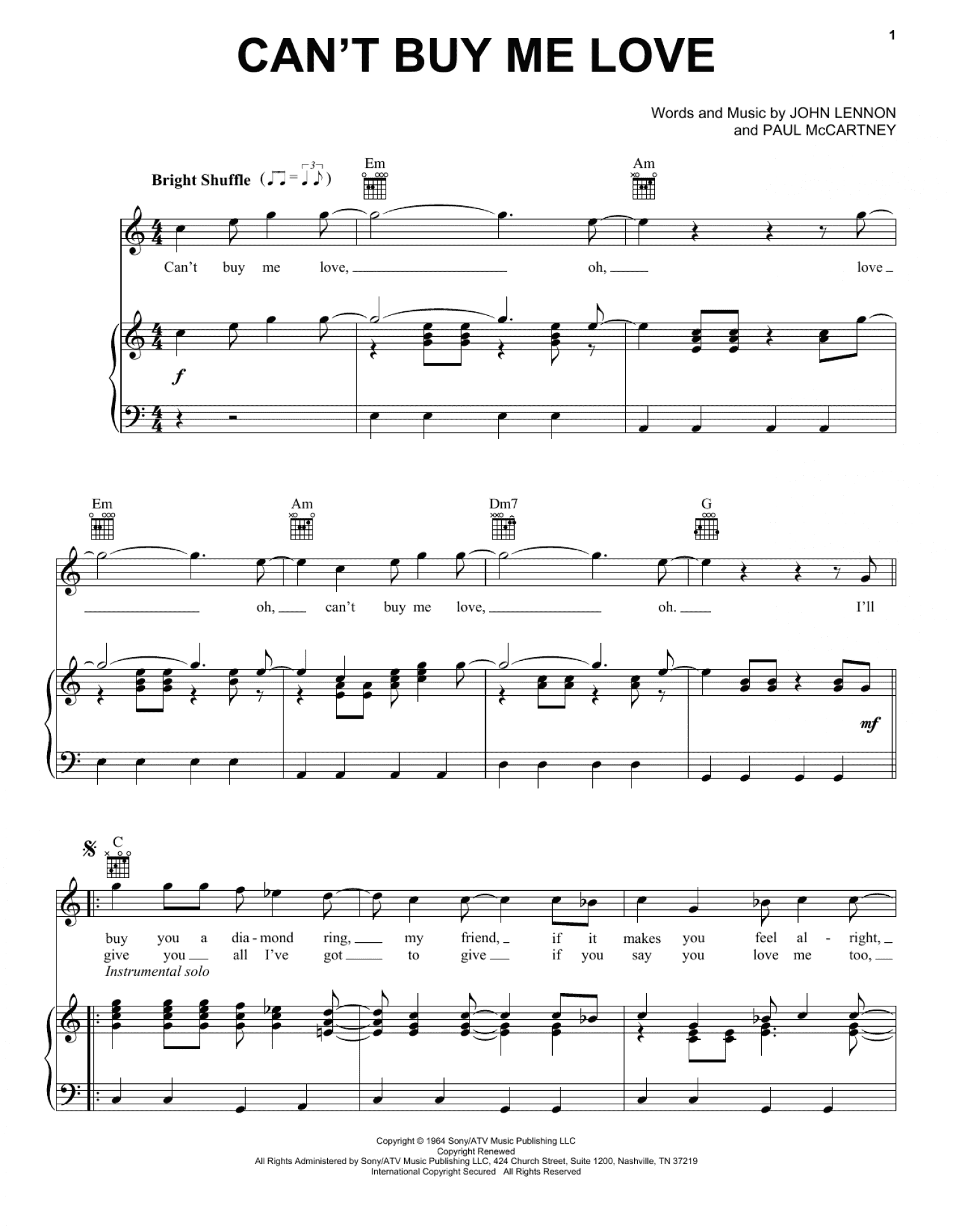 Can't Buy Me Love (Piano, Vocal & Guitar Chords (Right-Hand Melody))