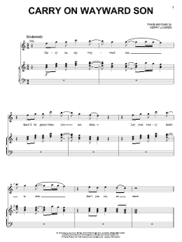 page one of Carry On Wayward Son (Piano, Vocal & Guitar Chords (Right-Hand Melody))