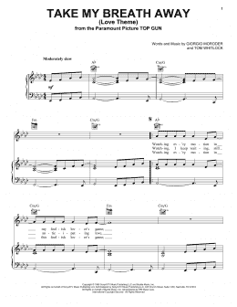 page one of Take My Breath Away (Love Theme) (Piano, Vocal & Guitar Chords (Right-Hand Melody))
