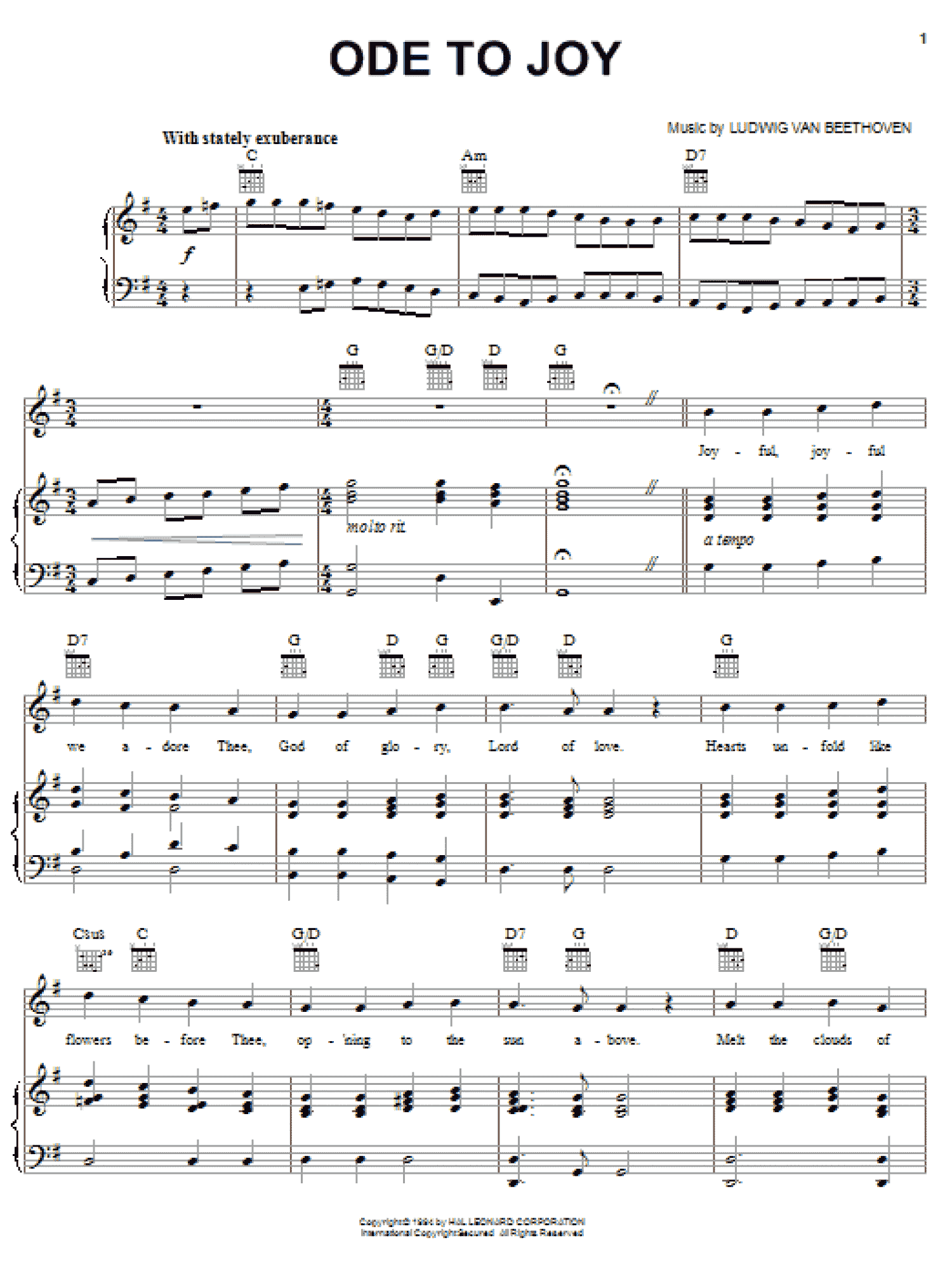 Ode To Joy (Piano, Vocal & Guitar Chords (Right-Hand Melody))