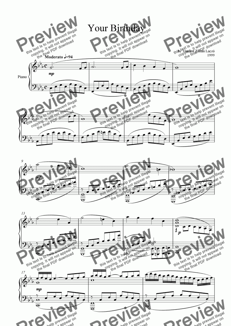 page one of Your Birthday for piano solo