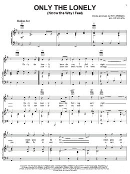 page one of Only The Lonely (Know The Way I Feel) (Piano, Vocal & Guitar Chords (Right-Hand Melody))