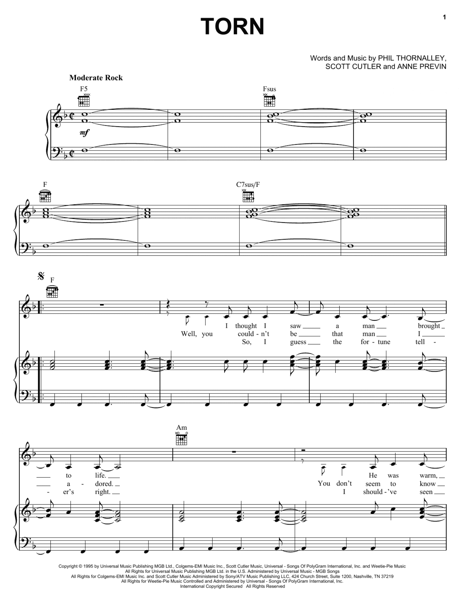 Torn (Piano, Vocal & Guitar Chords (Right-Hand Melody))