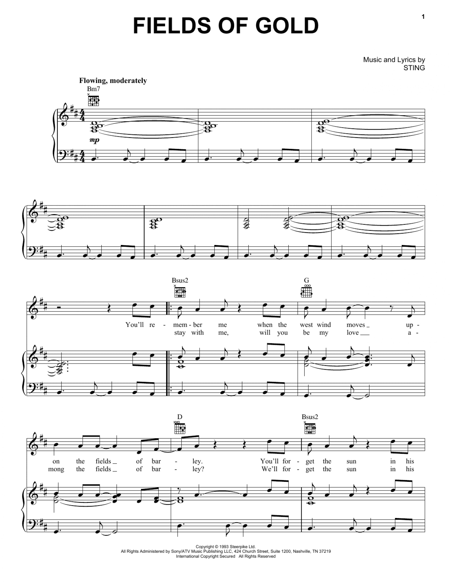 Fields Of Gold (Piano, Vocal & Guitar Chords (Right-Hand Melody))