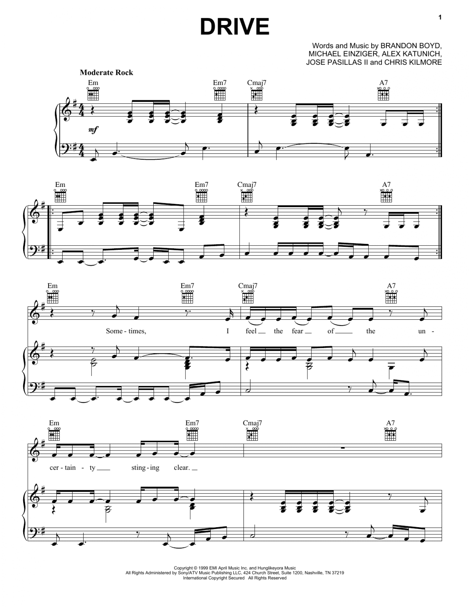 Drive (Piano, Vocal & Guitar Chords (Right-Hand Melody))