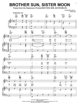 page one of Brother Sun, Sister Moon (Piano, Vocal & Guitar Chords (Right-Hand Melody))
