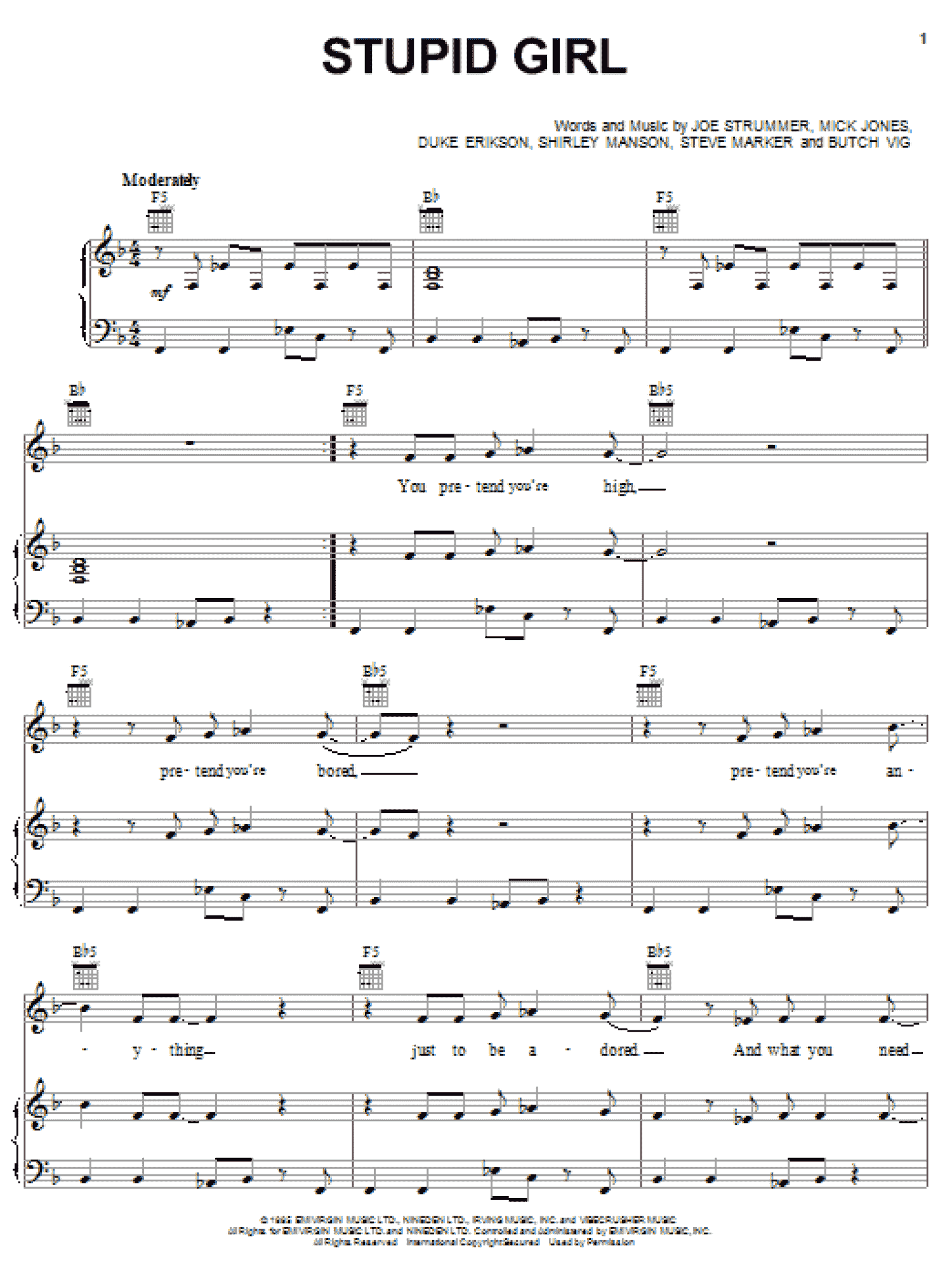 Stupid Girl (Piano, Vocal & Guitar Chords (Right-Hand Melody))