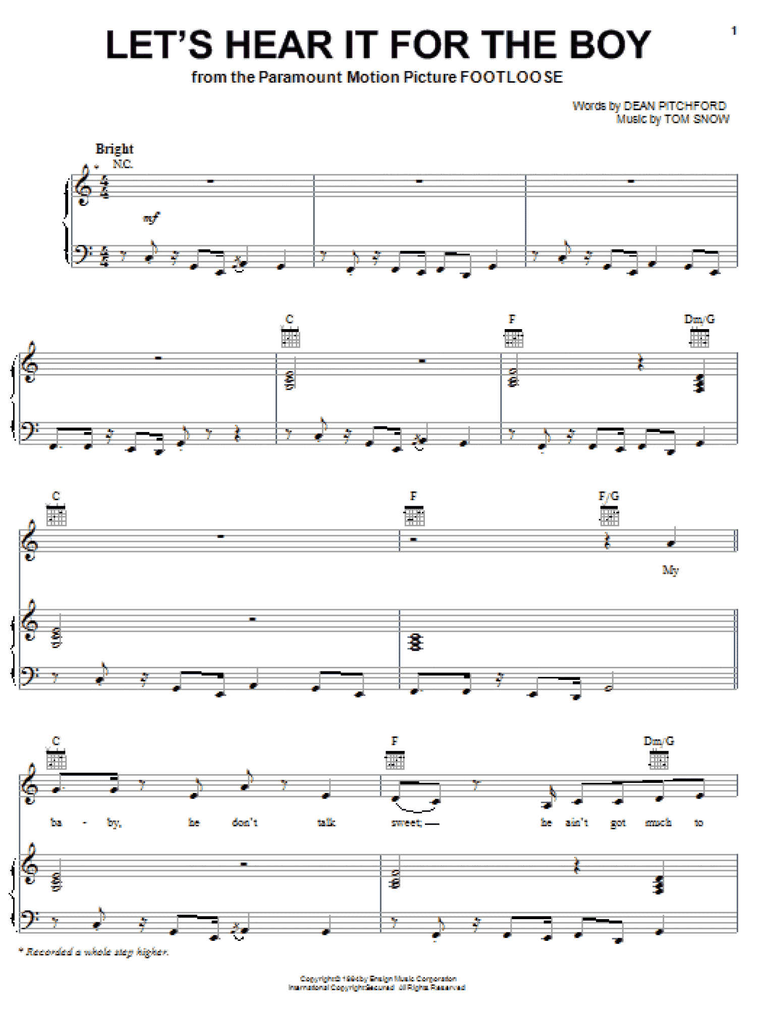 Let's Hear It For The Boy (Piano, Vocal & Guitar Chords (Right-Hand Melody))