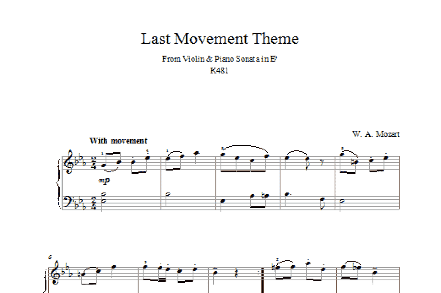 Last Movement Theme from Violin & Piano Sonata in Eb K481 (Piano Solo)