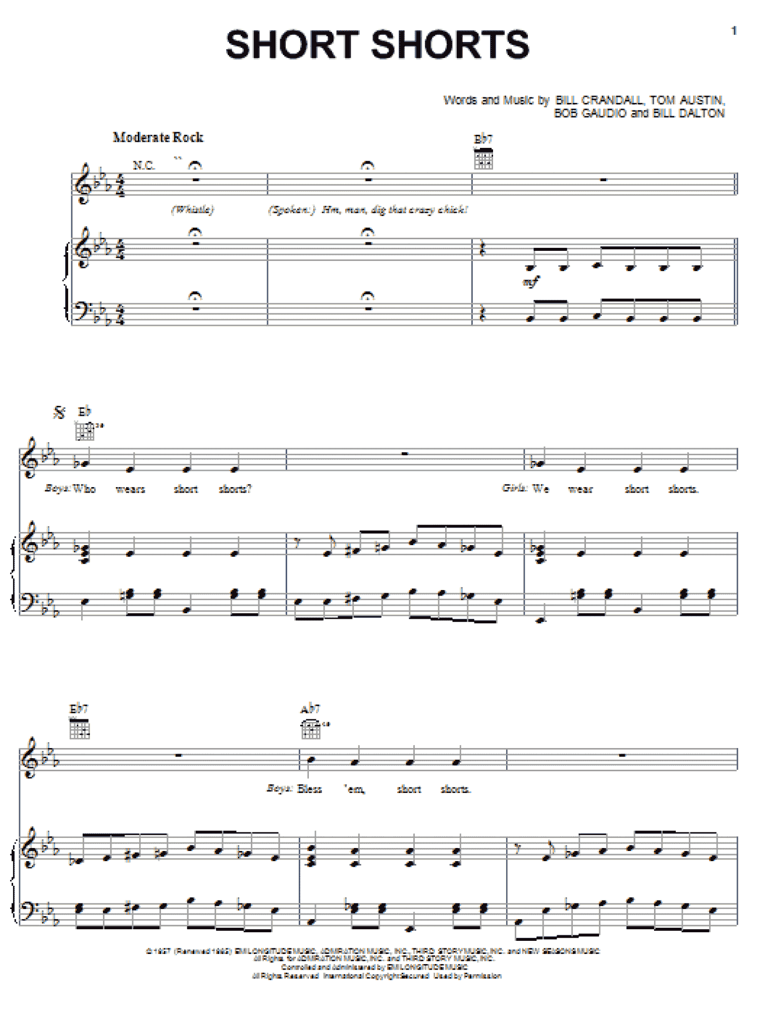 Short Shorts (Piano, Vocal & Guitar Chords (Right-Hand Melody))