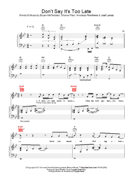 page one of Don't Say It's Too Late (Piano, Vocal & Guitar Chords)