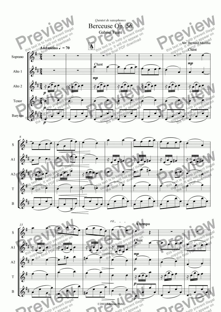 page one of Fauré - Berceuse Op. 56 (Sax Quintet)