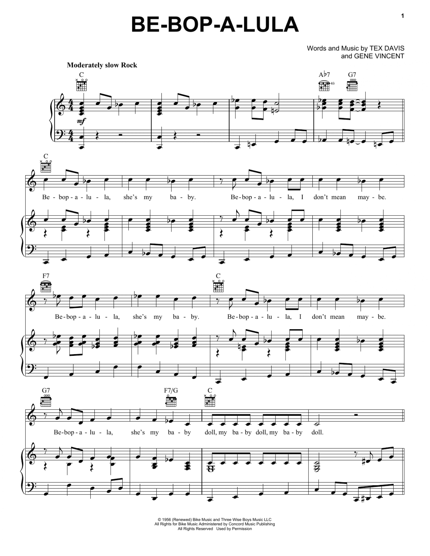 Be-Bop-A-Lula (Piano, Vocal & Guitar Chords (Right-Hand Melody))