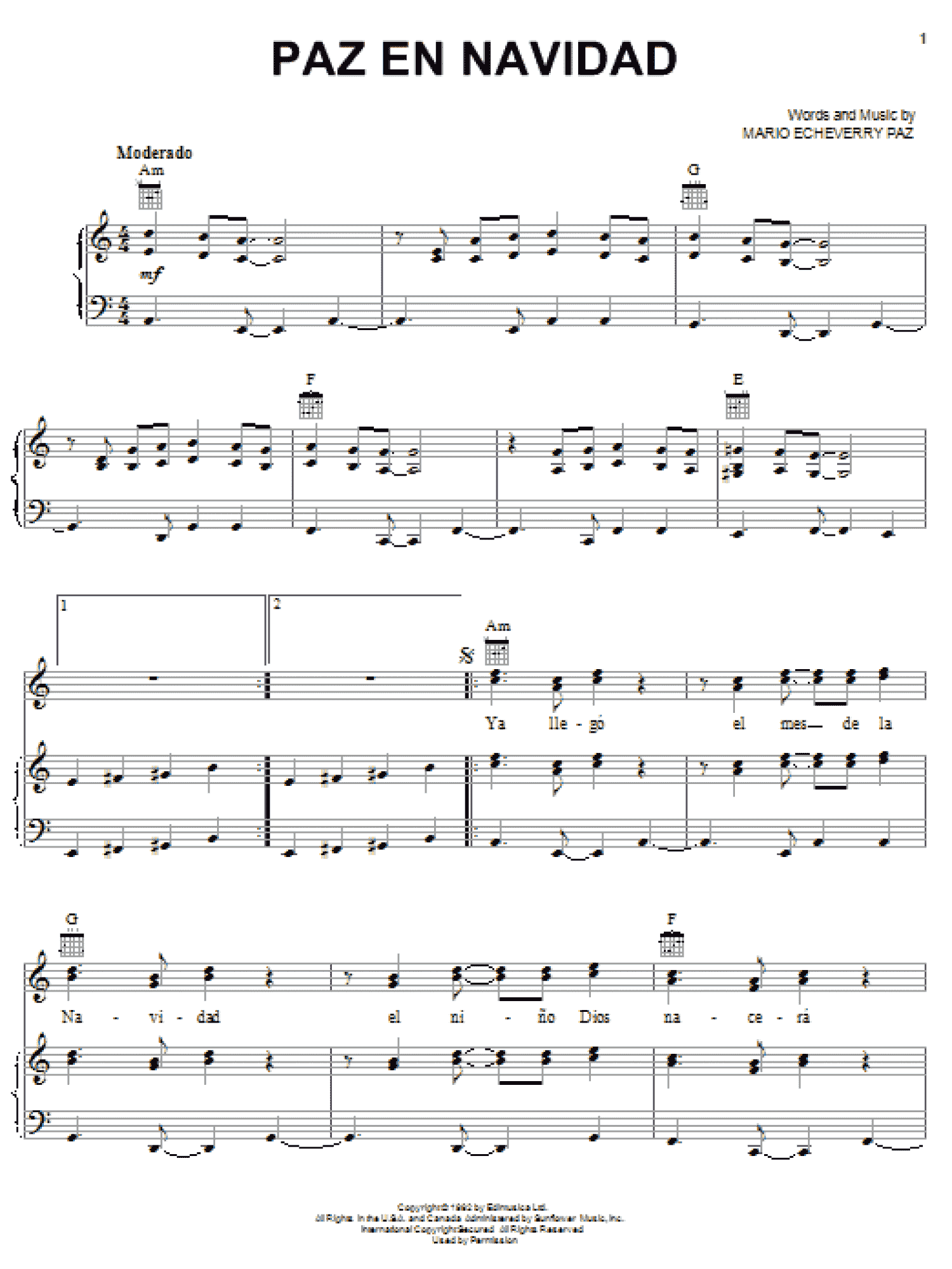 Paz En Navidad (Piano, Vocal & Guitar Chords (Right-Hand Melody))
