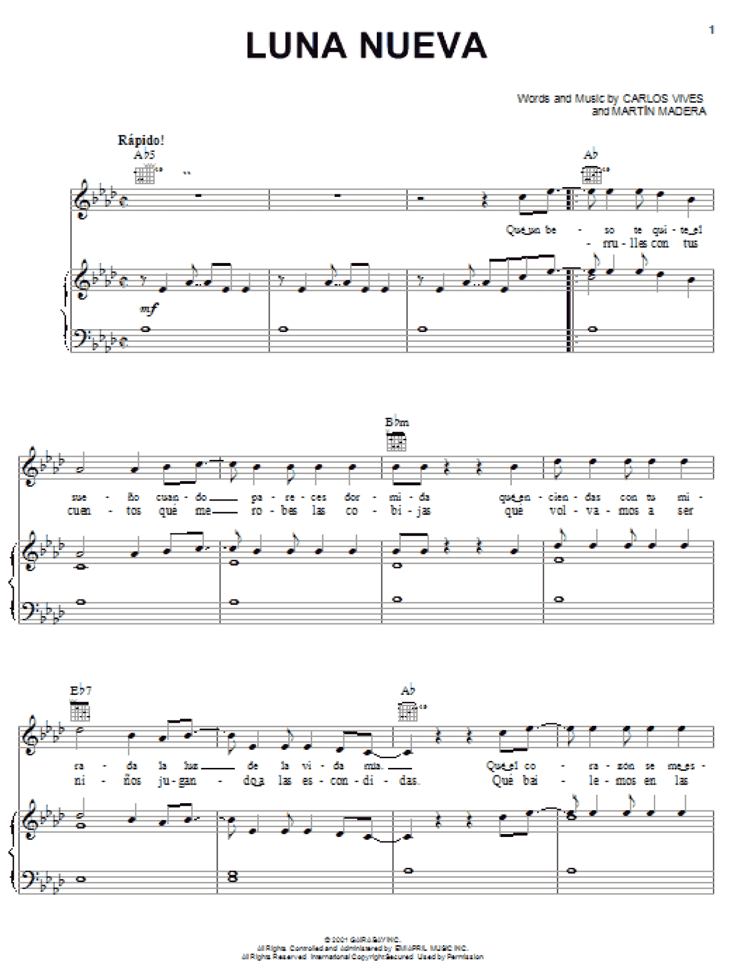 Luna Nueva (Piano, Vocal & Guitar Chords (Right-Hand Melody))