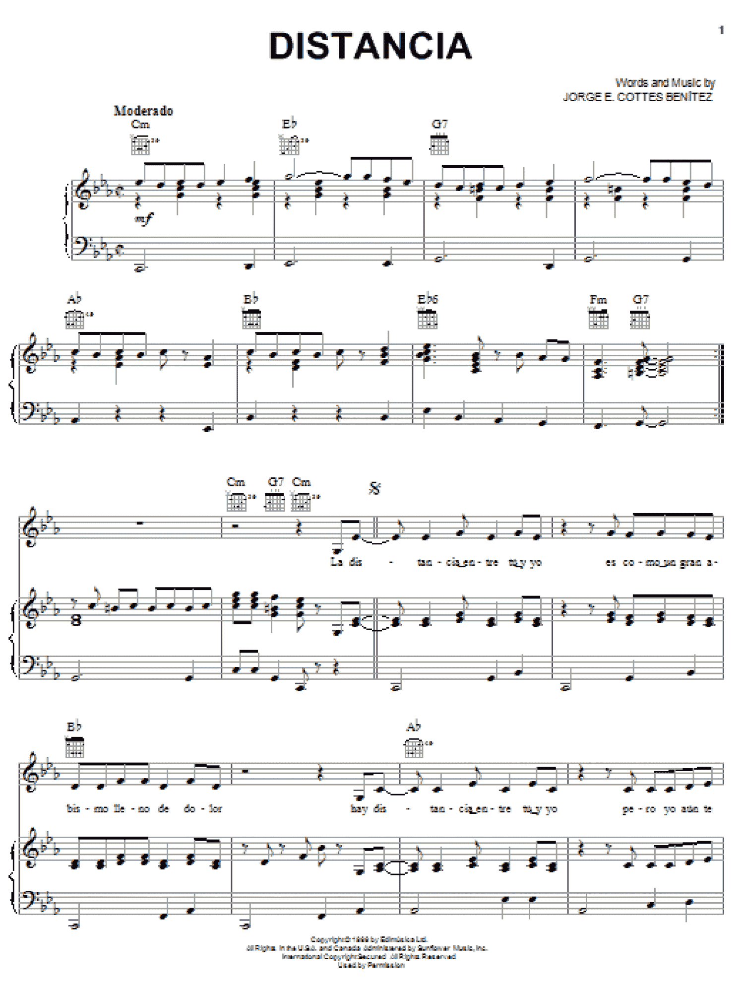 Distancia (Piano, Vocal & Guitar Chords (Right-Hand Melody))