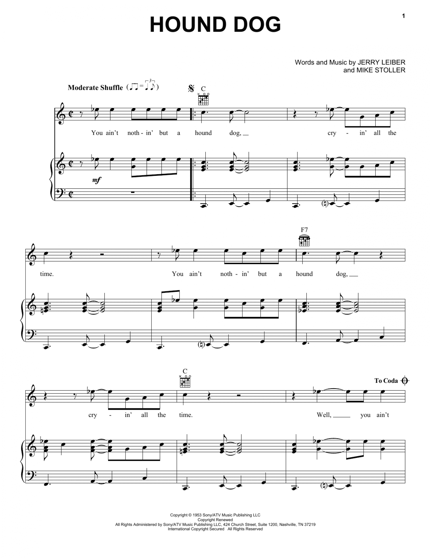 Hound Dog (Piano, Vocal & Guitar Chords (Right-Hand Melody))