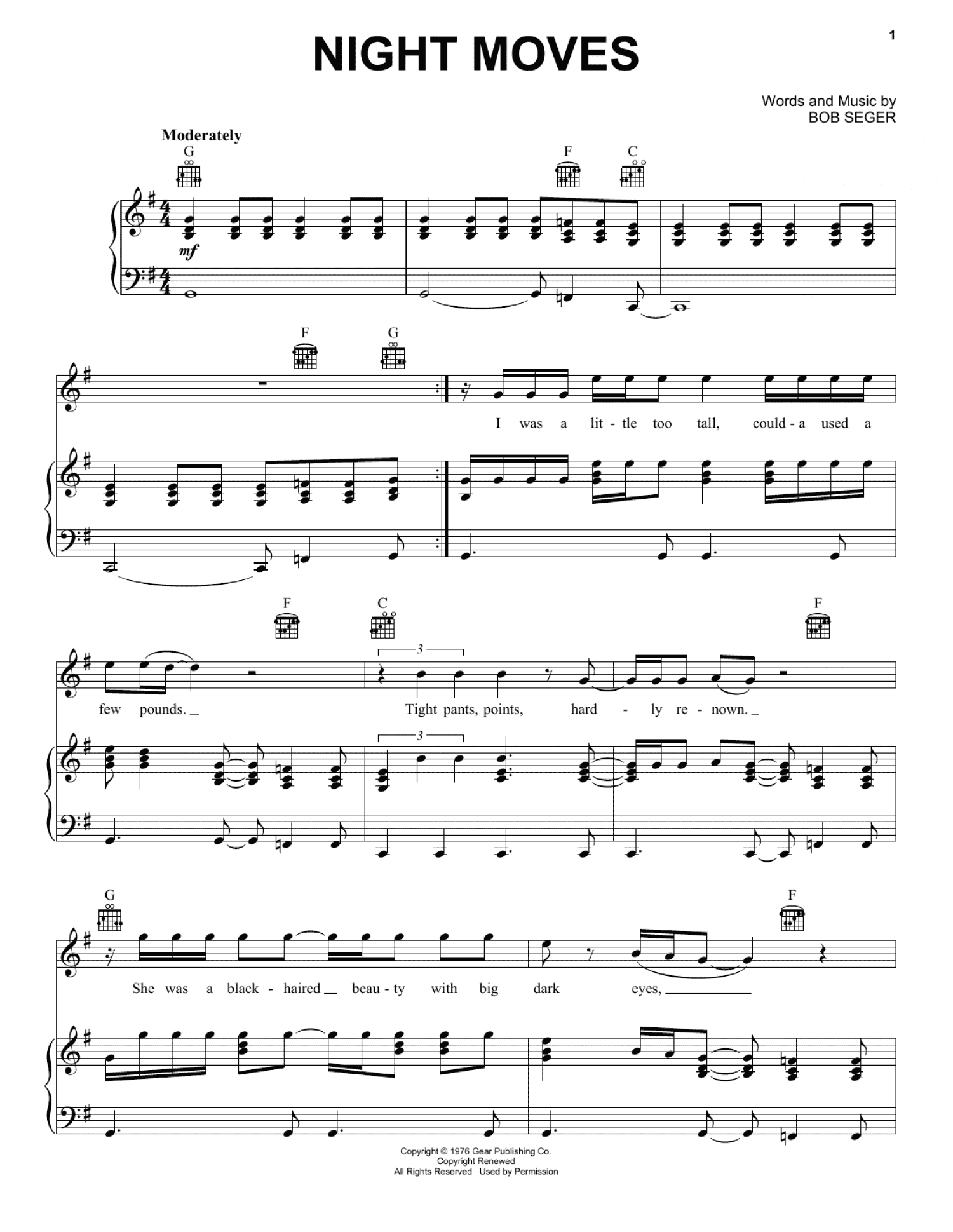 Night Moves (Piano, Vocal & Guitar Chords (Right-Hand Melody))