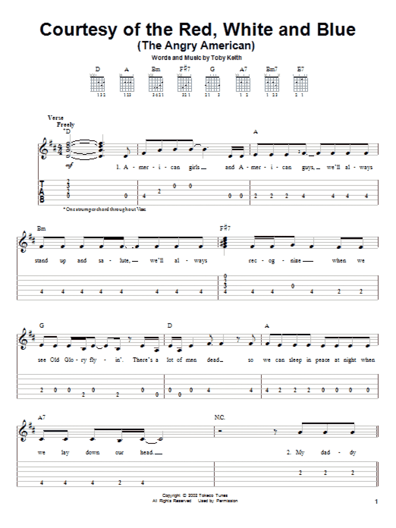 Courtesy Of The Red, White And Blue (The Angry American) (Easy Guitar Tab)