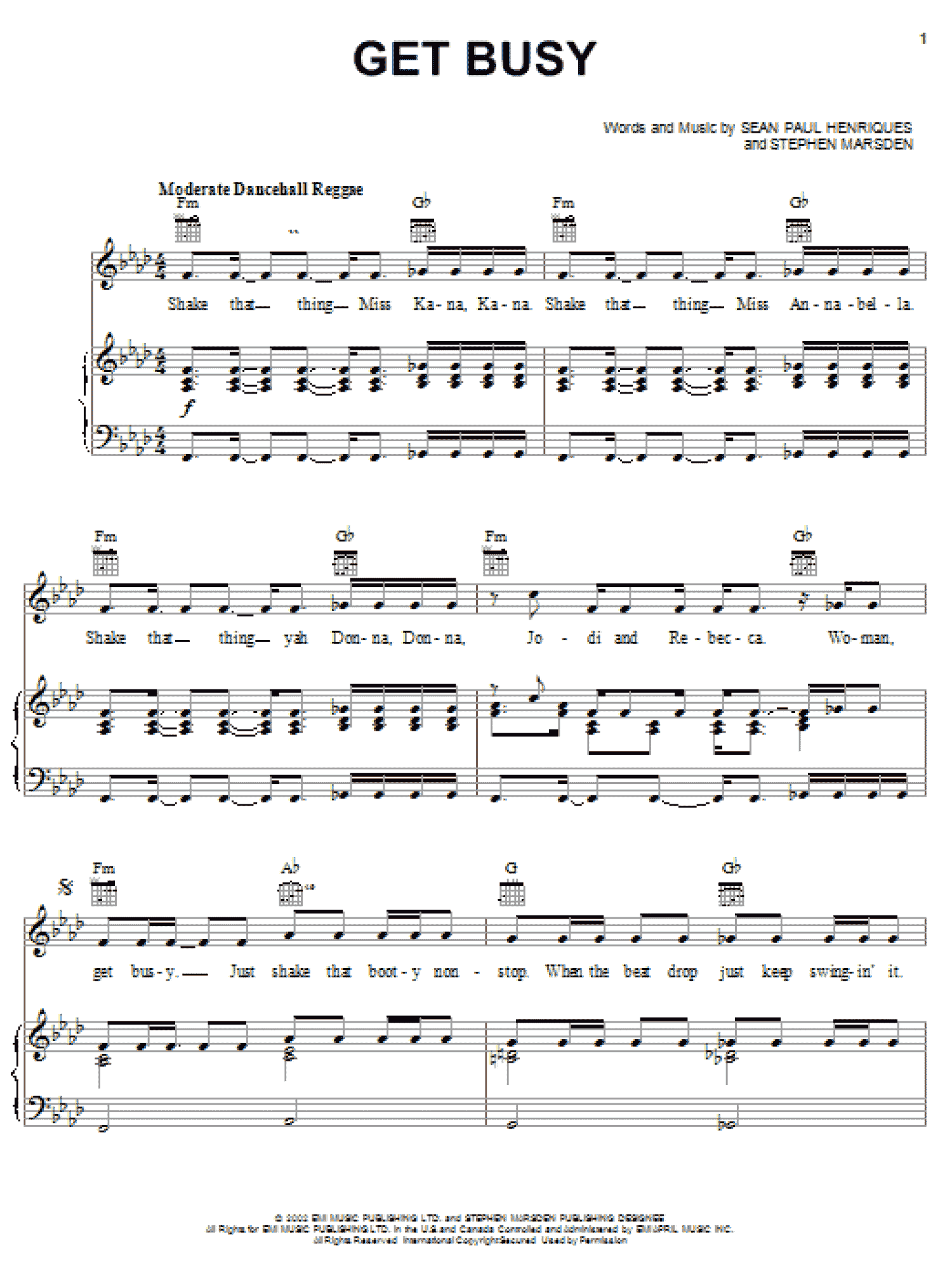 Get Busy (Piano, Vocal & Guitar Chords (Right-Hand Melody))