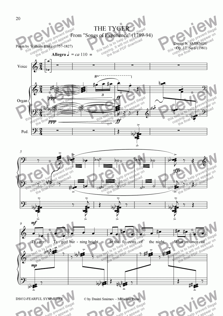 page one of FEARFUL SYMMETRY (Blake) op32a/6. The Tyger. Voice, pf