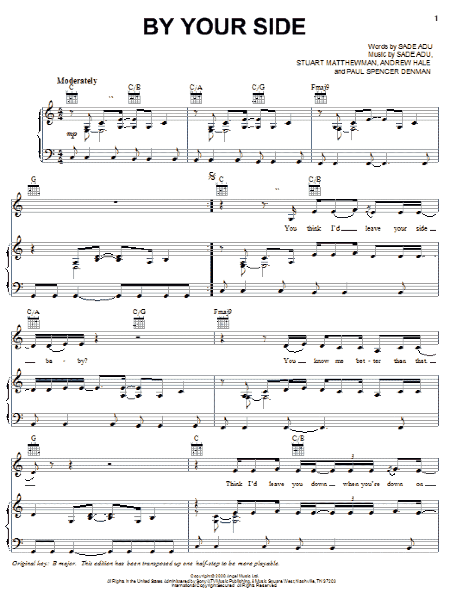 By Your Side (Piano, Vocal & Guitar Chords (Right-Hand Melody))