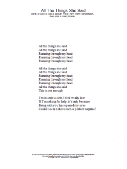 page one of All The Things She Said (Lyrics Only)