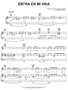 page one of Entra en mi vida (Piano, Vocal & Guitar Chords (Right-Hand Melody))