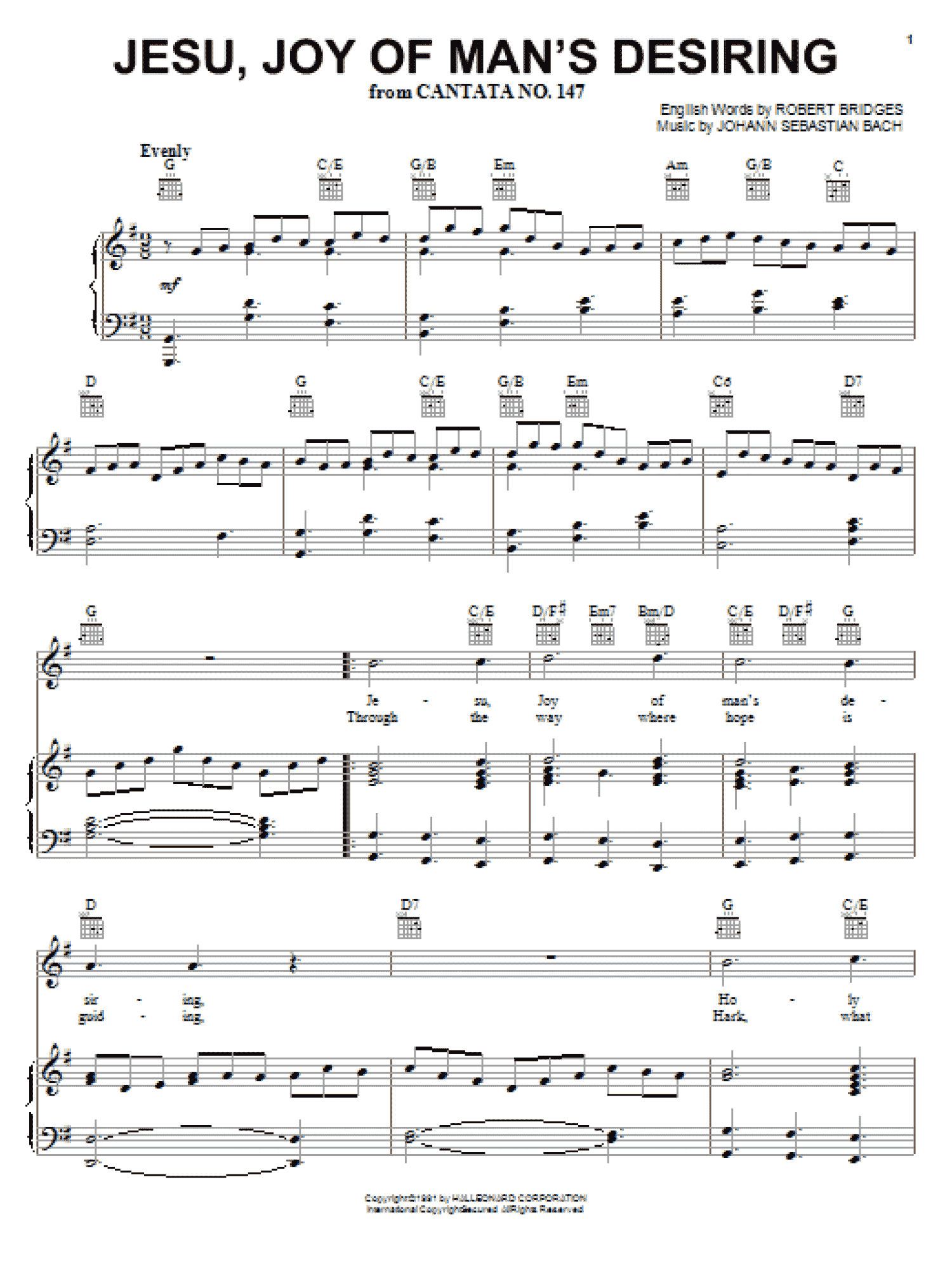 Jesu, Joy Of Man's Desiring (Piano, Vocal & Guitar Chords (Right-Hand Melody))
