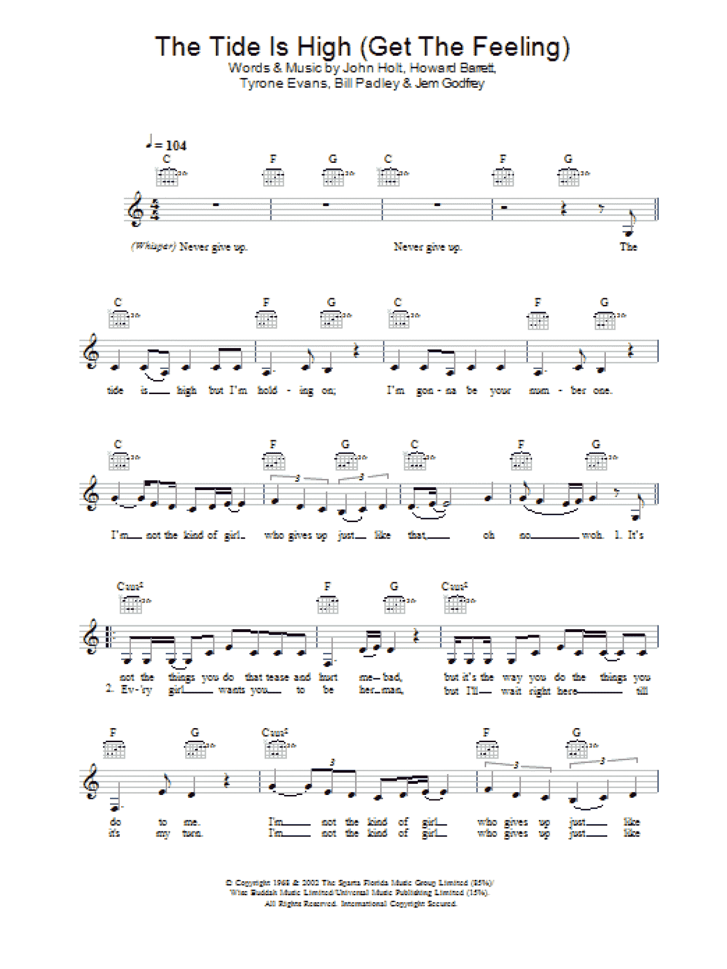 The Tide Is High (Get The Feeling) (Lead Sheet / Fake Book)