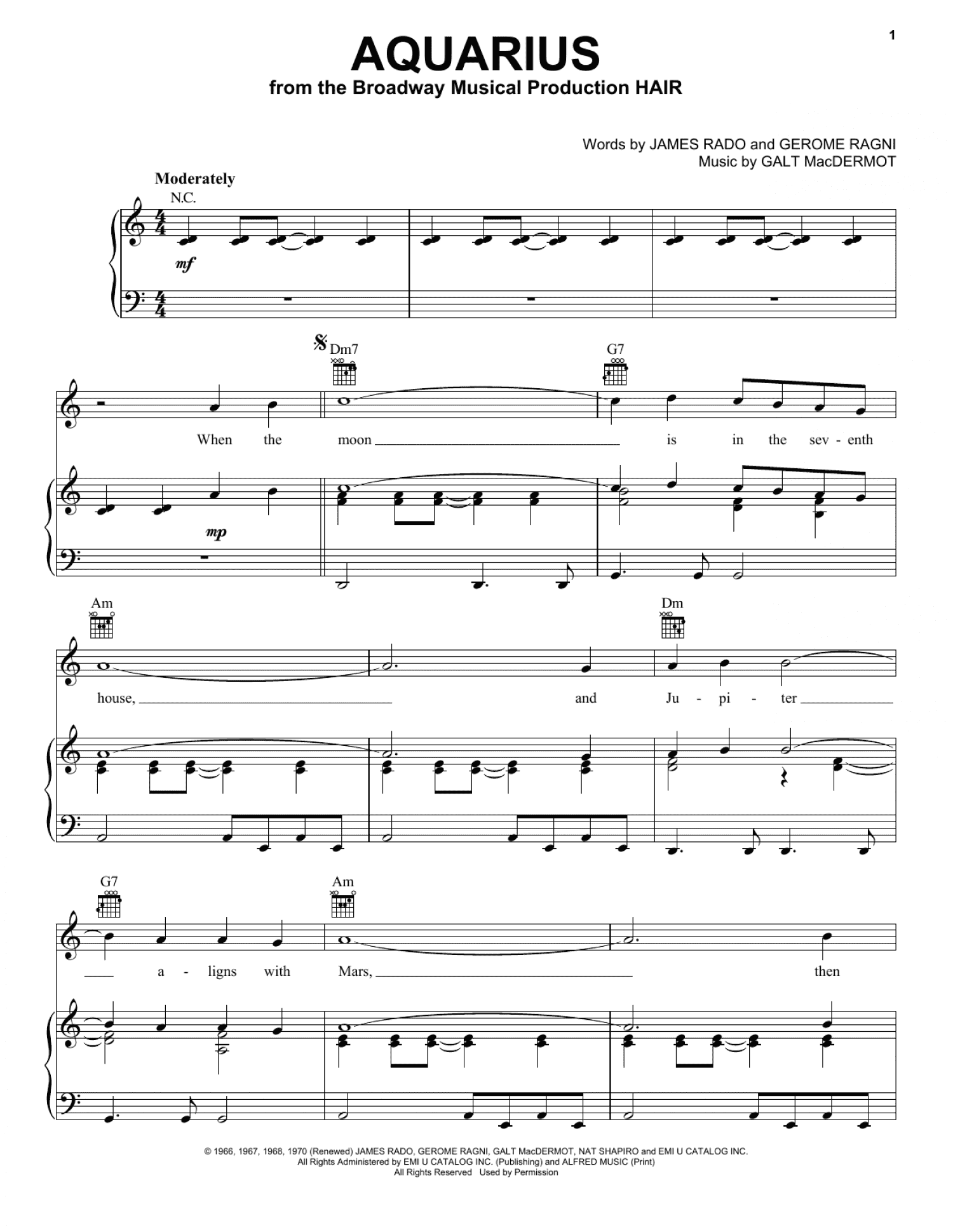 Aquarius (Piano, Vocal & Guitar Chords (Right-Hand Melody))