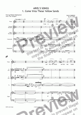 page one of ARIEL'S SONGS (Shakespeare) op76/1. Come Vnto. Voice, 2 rec, vlc, hrps