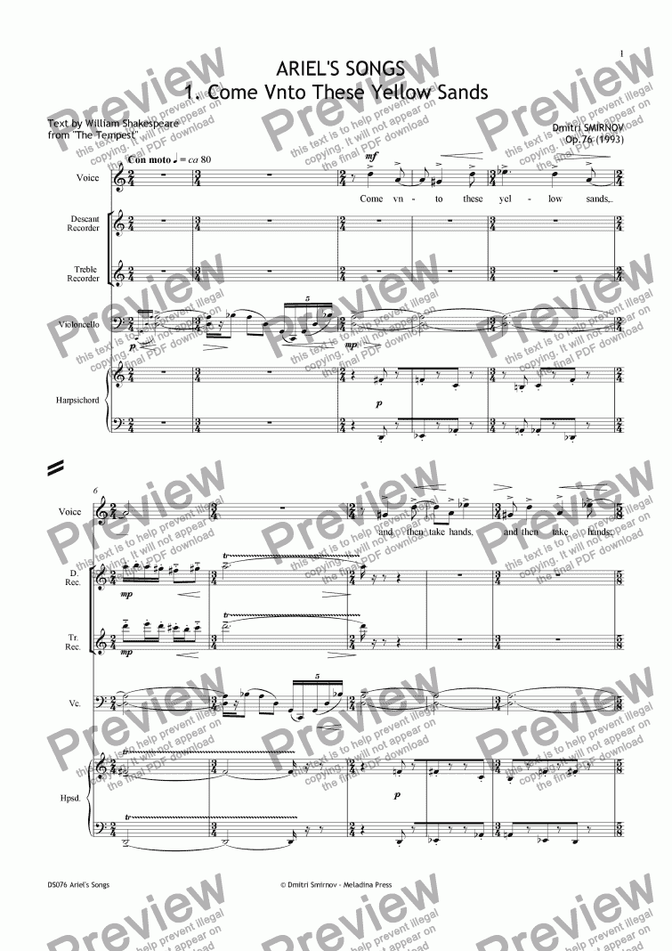 page one of ARIEL'S SONGS (Shakespeare) op76/1. Come Vnto. Voice, 2 rec, vlc, hrps