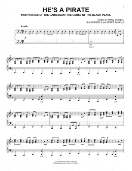 page one of He's A Pirate (from Pirates Of The Caribbean: The Curse of the Black Pearl) (Piano Solo)