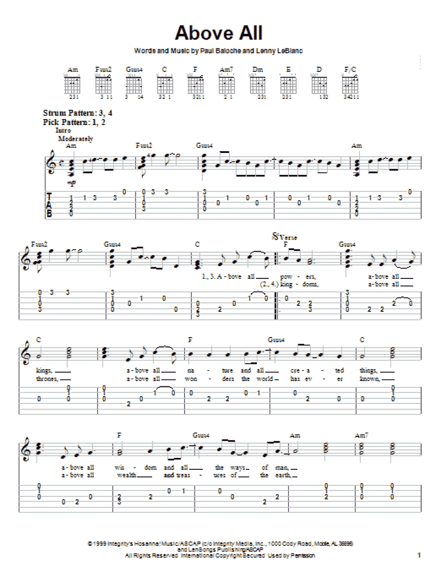 Above All (Easy Guitar Tab)
